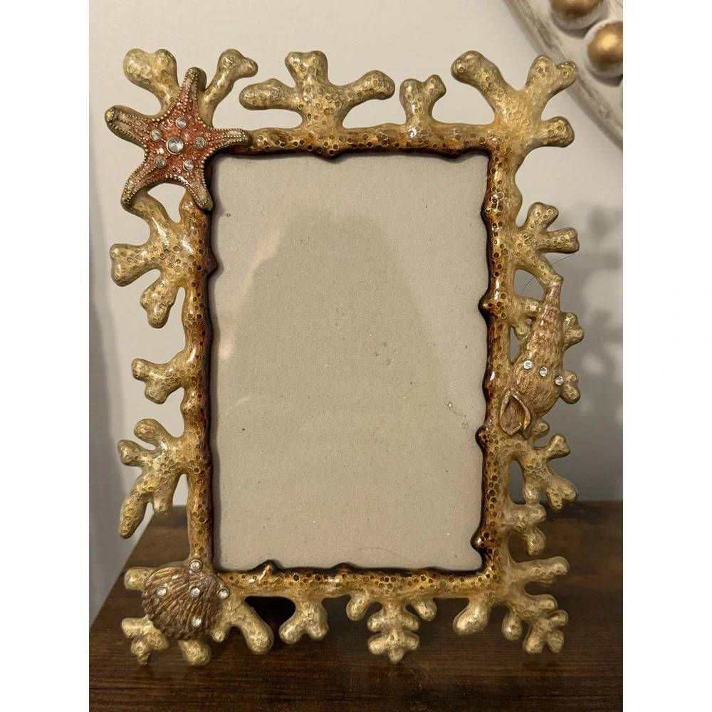Coastal Coral Photo Frame Gold Metal Starfish Seashell Rhinestone 4x6  Beach